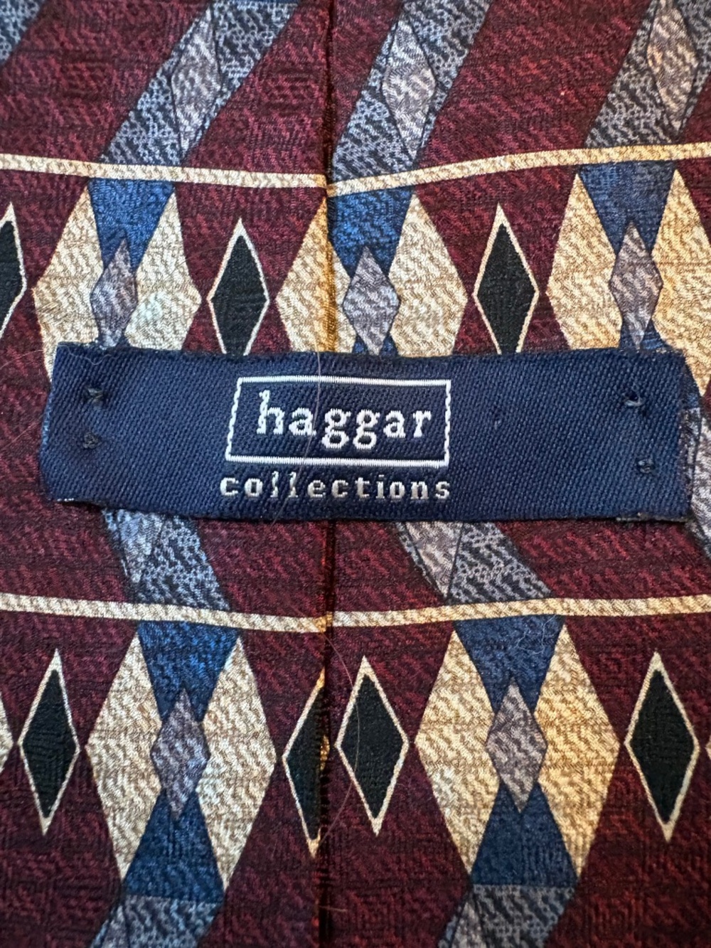 Vintage Haggar Collections Geometric Argyle Silk Necktie - Burgundy Blue